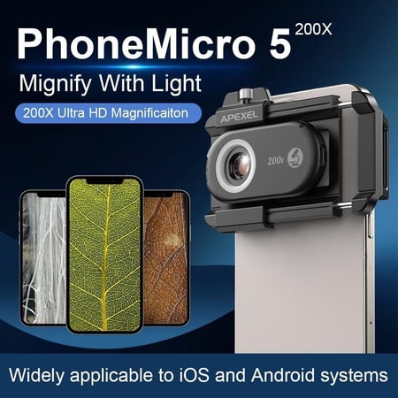 أبيكسل - عدسة مجهر 200X مع ضوء LED وضوء الأشعة فوق البنفسجية -اسود