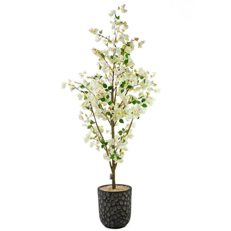 شجرة أزهار الكرز صناعية زهور بيضاء مع حوض فايبر ارتفاع 190 سم