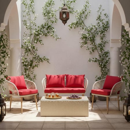 طقم جلسة خارجية 2 كرسي وأريكة مع طاولة – وسائد حمراء ة