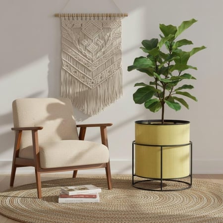 حوض سلال من الخوص الطبيعي مع قاعدة وأرجل حديد أسود – 4 أحجام (XL, L, M, S) – من حديقة السوسن