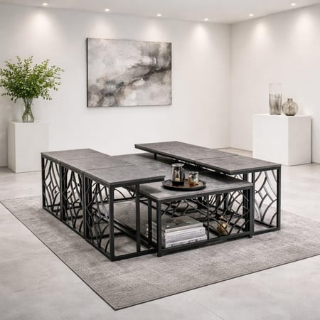 طقم طاولات شاي مودرن بعدة ألوان متداخل بقاعدة معدنية وتصميم هندسي أنيق