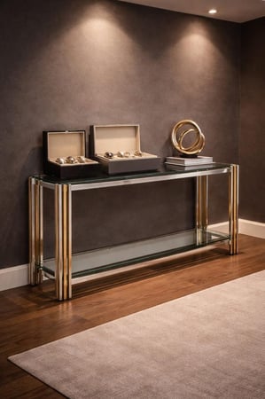 كونسول استيل ذهبي وفضي HCT-424 بزجاج شفاف مناسب للمداخل والصالونات