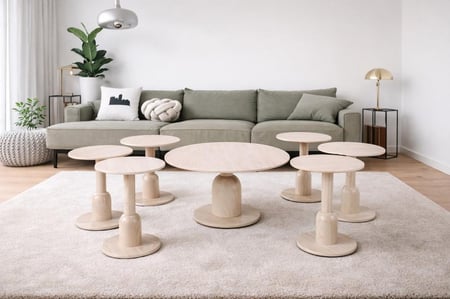 طقم طاولات شاي سيراميك خشبي فاتح مكون من طاولة رئيسية و6 طاولات جانبية