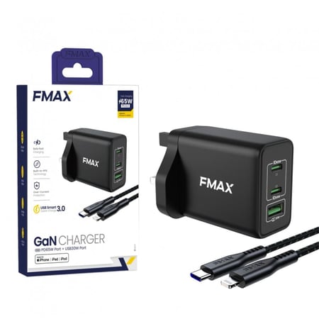 اف ماكس شاحن جداري جان 3 منافذ 65 واط مع كابل usb-c الى ايفون