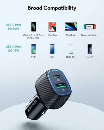 شاحن سيارة راف باور بتقنية بي دي بقوة 60 واط بمنفذ USB-C ومنفذ USB-A - اسود