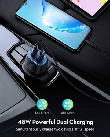 شاحن سيارة راف باور بتقنية بي دي بقوة 60 واط بمنفذ USB-C ومنفذ USB-A - اسود
