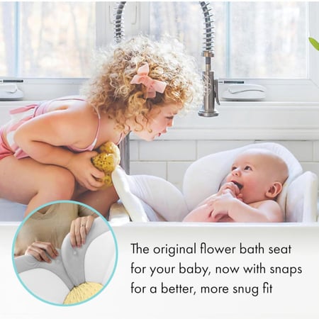 حمام أطفال بتصميم وردة لوتس، رمادي/أصفر فاتح بكبسات من بلومينج باث