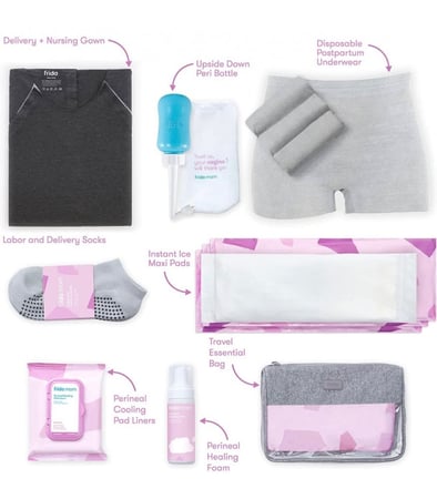 طقم المستشفى من فريدا موم للولادة وما بعدها| ثوب رضاعة، جوارب، زجاجة بيري، سراويل داخلية للاستعمال مرة واحدة، فوط نسائية ماكسي الثلجية، وفوط مبطنة، رغوة العجان، حقيبة ادوات الزينة، مجموعة من 15 قطعة