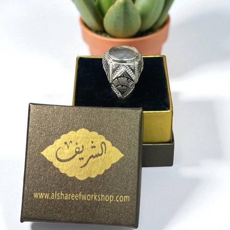 خاتم فضة رجالي بحجر عقيق مشجر يماني طبيعي