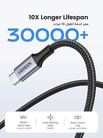 UGREEN كابل USB-C 2م، سلك مضفر 100W شحن فائق السرعة PD متوافق مع ايفون 15/16/17 برو ماكس، آيباد ميني 7، ماك بوك برو، آيباد، جالاكسي S25 الترا/S24/23، هواوي P70