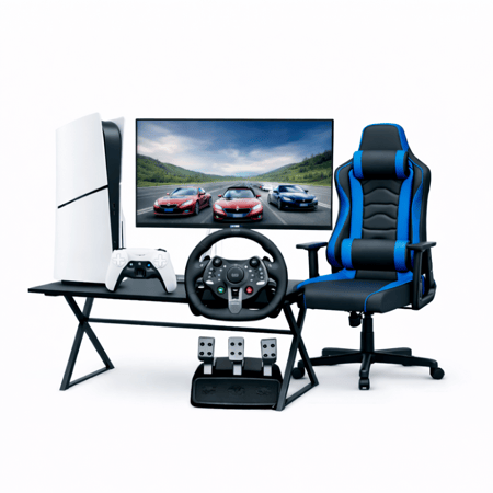 بكج قيمنق PlayStation 5 Slim Disc مع دركسون G29 وشاشة 24 بوصة 120Hz وكرسي وطاولة قيمنق | PS5 Gaming Setup