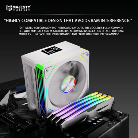 مبرد هوائي ماجيستي للمعالج – 6 أنابيب حرارية، شاشة ديجيتال، مروحة ARGB 120mm، متوافق مع Intel وAMD أبيض