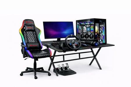 بكج قيمنق احترافي Gaming Setup مع كمبيوتر RTX 5070 Ti ومعالج i7-14400F وشاشة 24 بوصة ودركسون G29 وملحقات قيمنق كاملة