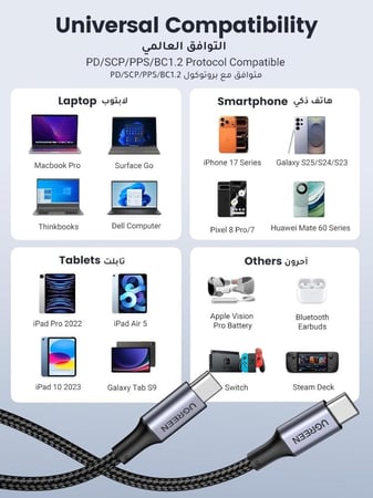 UGREEN كابل USB-C 2م، سلك مضفر 100W شحن فائق السرعة PD متوافق مع ايفون 15/16/17 برو ماكس، آيباد ميني 7، ماك بوك برو، آيباد، جالاكسي S25 الترا/S24/23، هواوي P70