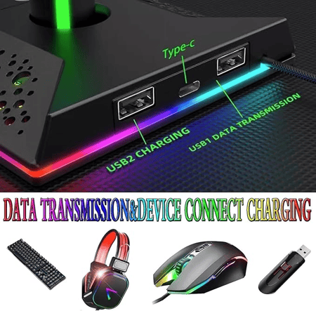 حامل سماعات راس للالعاب RGB مع 10 اوضاع اضاءة من ASA وحدة تحكم منفذي USB ملحقات العاب الكمبيوتر للمكتب منظم تخزين عالمي لسماعات الراس ذراع Xbox PS4 PS5 سويتش الجوال بلاستيك