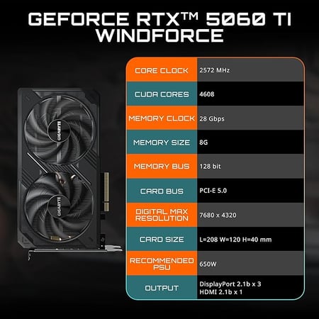 GIGABYTE GEFORCE RTX 5060 TI WINDFORCE 8G GRAPHICS CARD
