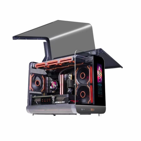كيس كمبيوتر فاخر بشاشة ذكية – تصميم زجاجي بانورامي مع RGB وفتح علوي وجانبي