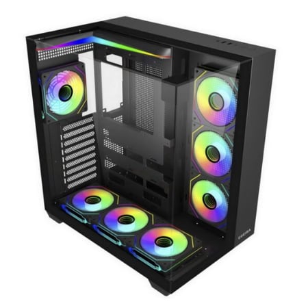 Egeira Galaxy 7 Black ATX Gaming Computer Case – USB 3.0 / Type-C – 7× ARGB Infinity Mirror Fans (Pre-Installed) – 3 Side Glass Panels – Panoramic View