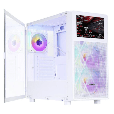علبة ألعاب Egeira ELITE بيضاء مع شاشة LCD مقاس 8 بوصات - مراوح ARGB - زجاج مقوى - هيكل ATX عالي التدفق