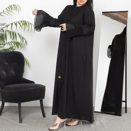 عباية سوداء سادة بكم واسع شيفون R1112