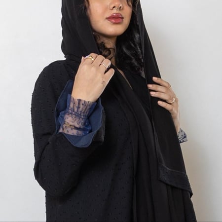 عباية سوداء سادة منقطة الكم دانتيل N1055