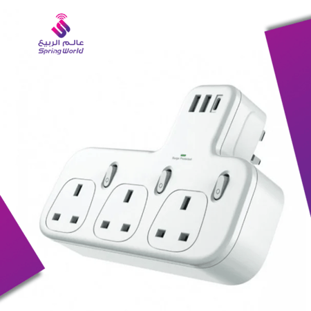 توصيلة كهربا من باستك بـ3 منافذ ثلاثية ومنفذين USB ومنفذ PD يدعم الشحن السريع