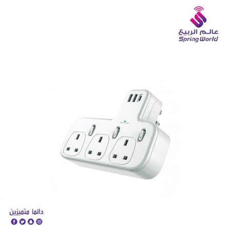 توصيلة كهربا من باستك بـ3 منافذ ثلاثية ومنفذين USB ومنفذ PD يدعم الشحن السريع