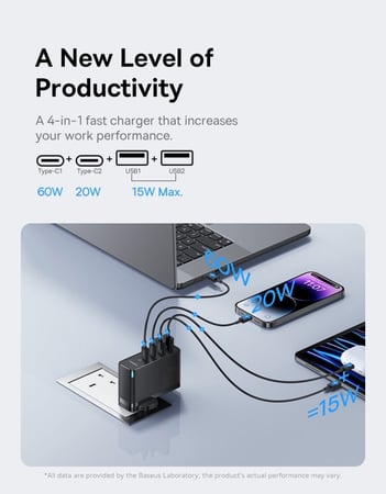 Baseus wall charger with two Type-C ports and two USB ports, up to100W
