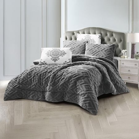 طقم مفرش شتوي رمادي غامق مزدوج بتصميم ملكي مثل مفارش نون