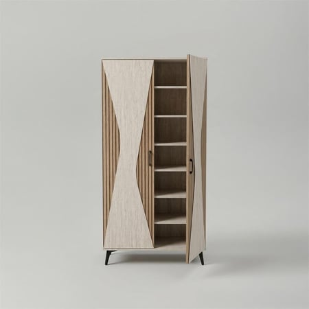 دولاب خشبي عصري بلونين وتفاصيل مضلعة لغرف النوم