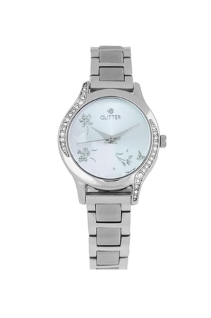 ساعة نسائي  جليتر بلون فضي مينا فضي استالس ستيل بمينا ورود