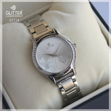 ساعة نسائي  جليتر بلون فضي مينا فضي استالس ستيل بمينا ورود