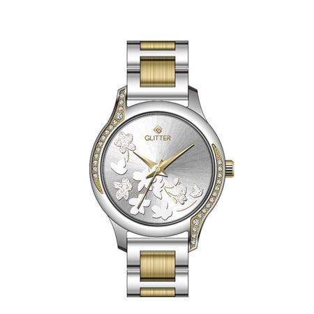 ساعة نسائي  جليتر بلونين مينا فضي استالس ستيل بمينا ورود