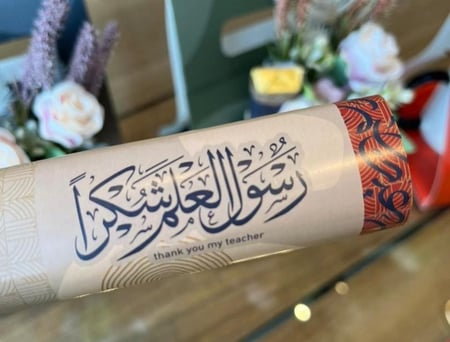 "شكر المعلم والمعلمة " اكواب حروف عربي  بالتغليف  بالورد و الشوكلاته والبطاقة