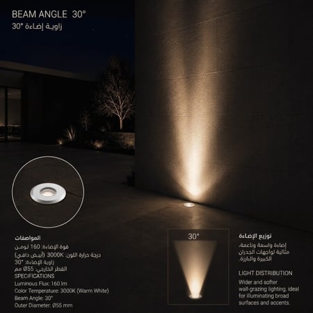 وحدة إضاءة أرضية LED 2.5 واط –زاوية 30°- زاوية 70° – للحدائق والأحواش