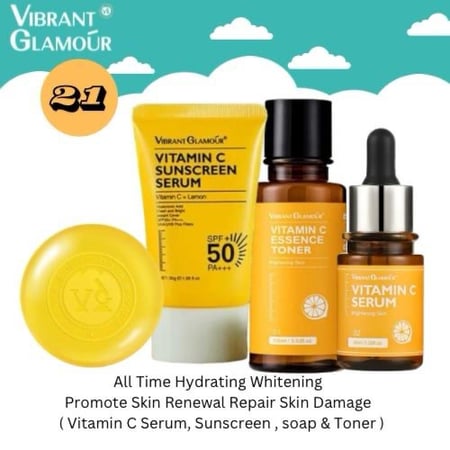 مجموعة تفتيح البشرة وترطيبها بفيتامين سي من Vibrant Glamour مكونة من 4 منتجات للوجه والرقبة مع حماية من الشمس