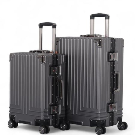 طقم حقائب سفر فاخر من الألمنيوم: متانة وأناقة لا تضاهى - مكون من 2 قطع - بكفرات دبل واقفال مزدوجة ضد السرقة