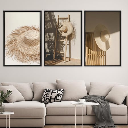 ثلاث لوحات قماشية مودرن بتصميم قبعة قش - كل قطعة 40×60 سم