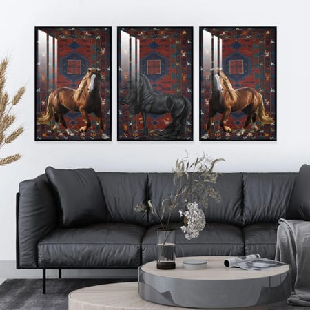 ثلاث لوحات جدارية مع برواز واكريلك شفاف بتصميم حصان