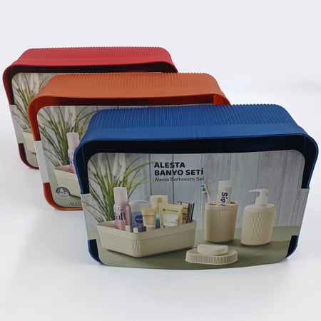 مجموعة اكسسوارات الحمام 4 قطع ، حامل مستحضرات التجميل و موزع لوشن ، حامل فرشاة الأسنان , حامل الصابون ( برتقالي )