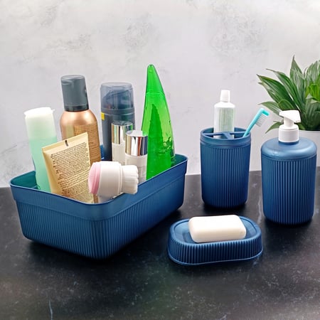 مجموعة اكسسوارات الحمام 4 قطع ، حامل مستحضرات التجميل و موزع لوشن ، حامل فرشاة الأسنان , حامل الصابون ( برتقالي )