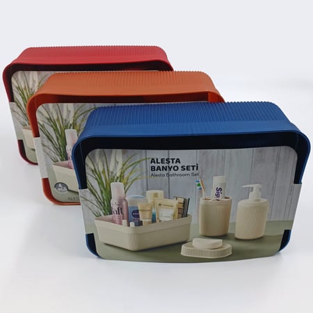 مجموعة اكسسوارات الحمام 4 قطع ، حامل مستحضرات التجميل و موزع لوشن ، حامل فرشاة الأسنان , حامل الصابون ( برتقالي )