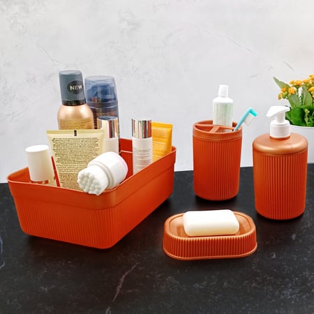 مجموعة اكسسوارات الحمام 4 قطع ، حامل مستحضرات التجميل و موزع لوشن ، حامل فرشاة الأسنان , حامل الصابون ( برتقالي )