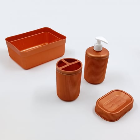 مجموعة اكسسوارات الحمام 4 قطع ، حامل مستحضرات التجميل و موزع لوشن ، حامل فرشاة الأسنان , حامل الصابون ( برتقالي )