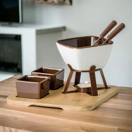 جهاز فوندو بقاعدة خيزران 08 قطع أبيض وبني - فراكلانزا