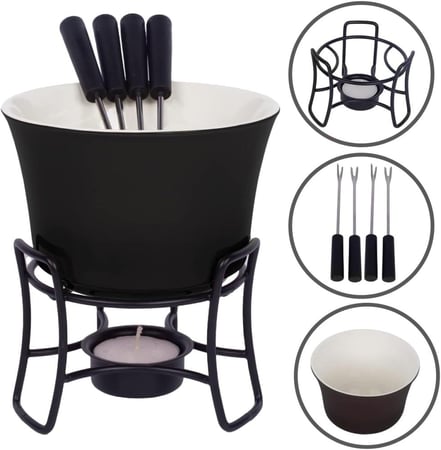 طقم فوندو سيراميك دائري 8 قطع 300 مل للشوكولاتة وتشيز فروت - 2 شموع