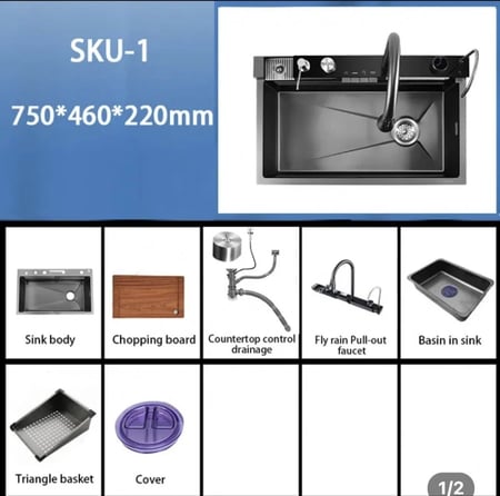 مجلى حوض مطبخ ستانلس شلالين المطور رمادي اسود 75*46 سم