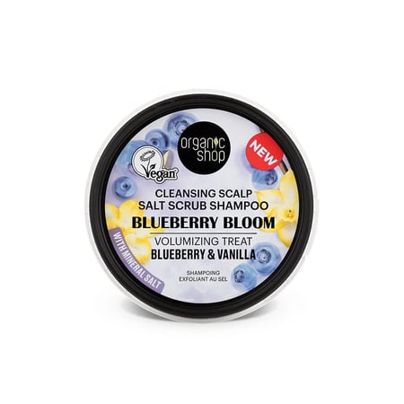شامبو مقشر الملح  بزهر التوت الأزرق لعلاج الكثافة بالتوت الأزرق والفانيلا 250 مل