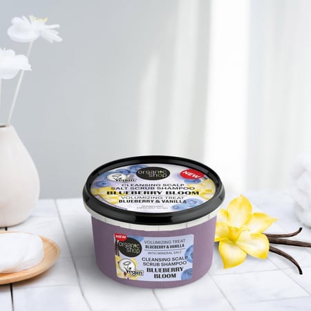 شامبو مقشر الملح  بزهر التوت الأزرق لعلاج الكثافة بالتوت الأزرق والفانيلا 250 مل