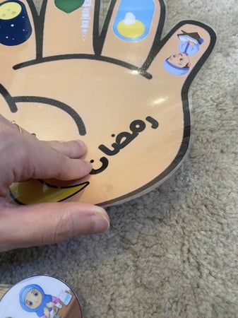 استراتيجية اليد مناسبة لوحدة اهلا رمضان ( نشاط إدراكي يحتوي صورة يد مزودة بأشكال طباعة ملونة ومغلفة حراريًا + ستة مشابك خشبية كبيرة مزودة بصور للتطابق طباعة ملونة ومغلفة حراريا )